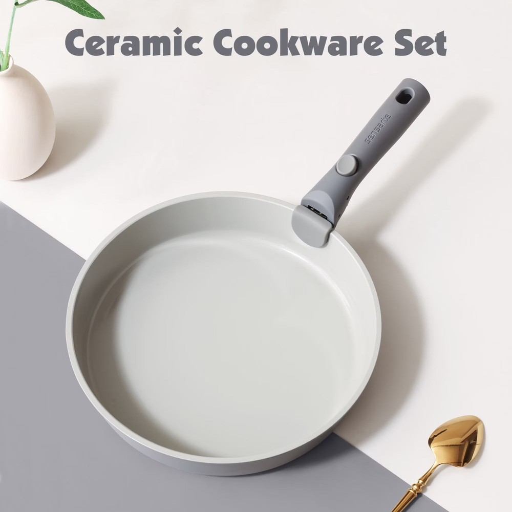 Cookware Set 18Pcs Ceramic Nonstick Detachable Handle Induction Gray
