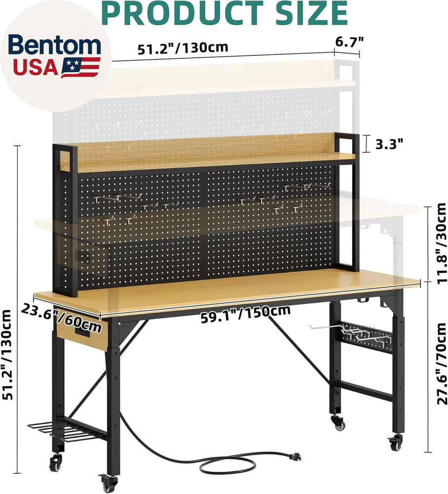 Rolling Workbench Adjustable Garage Table with Pegboard