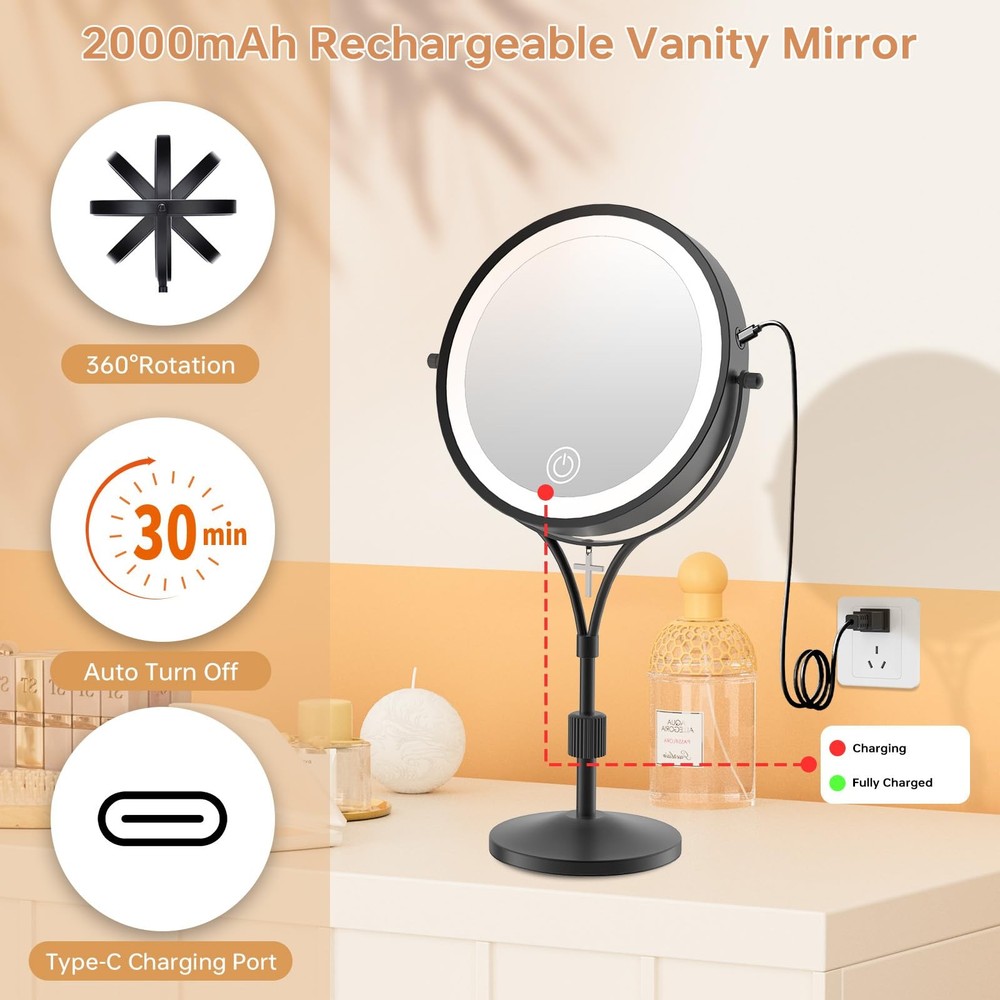 Lighted Makeup Mirror with Magnification 1x/10x Magnifying Mirror with 3 Colo