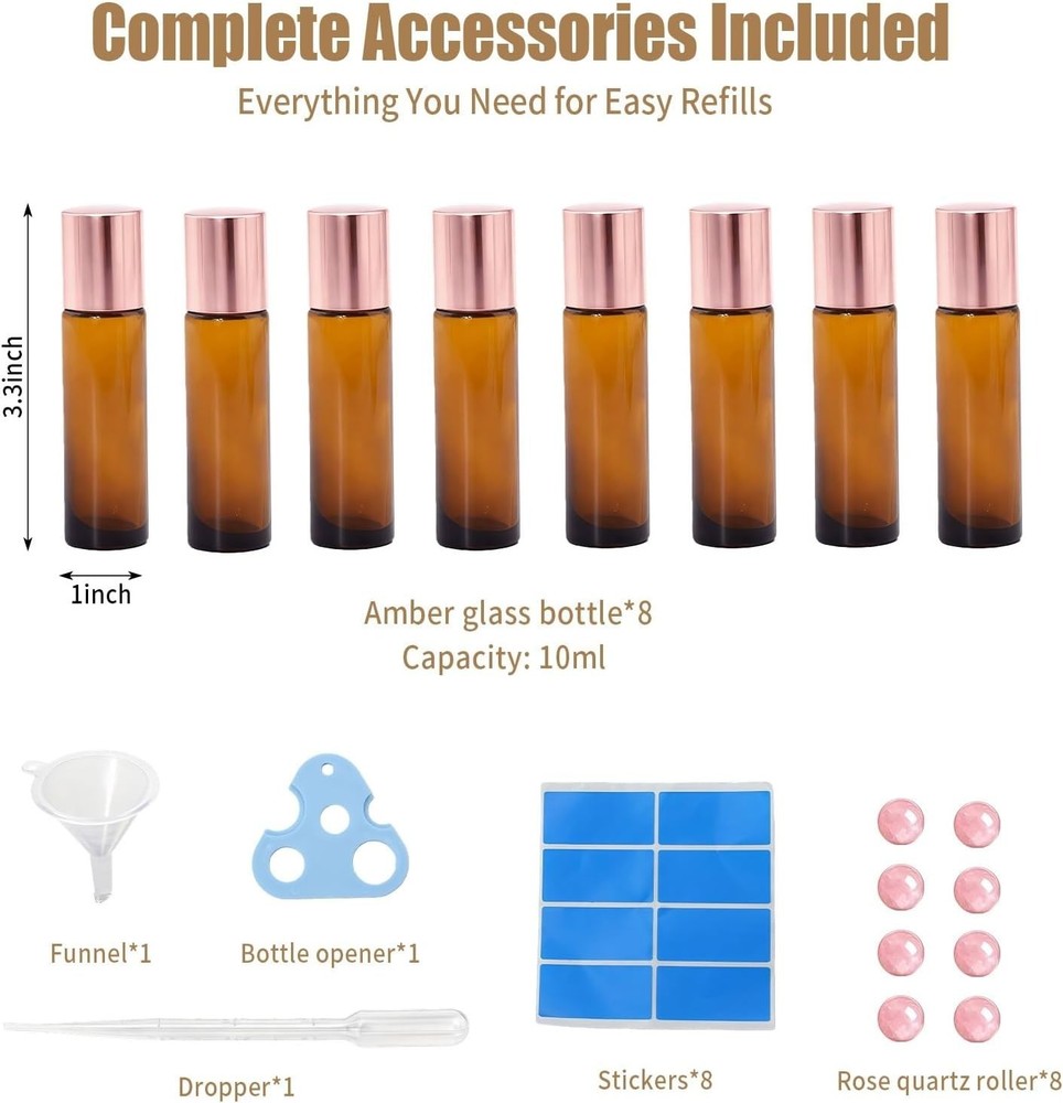 8 Pack Rose Quartz Roller Bottles for Essential Oils, 10Ml Refillable Amber Glas