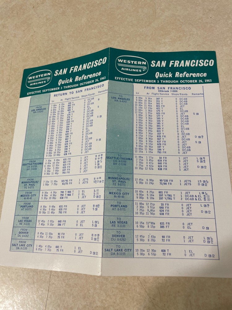 Western Airlines San Francisco Quick Reference Schedule 1963