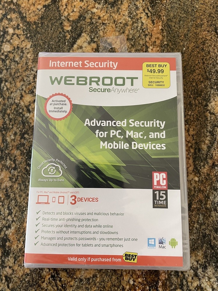 Webroot SecureAnywhere Internet Security For 3 Windows & Mac Devices Retail $49