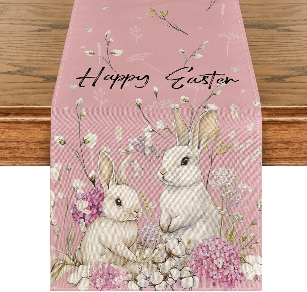Pink Bunny Rabbit Hydrangea Happy Easter Table Runner, Seasonal Spring Kitchen D