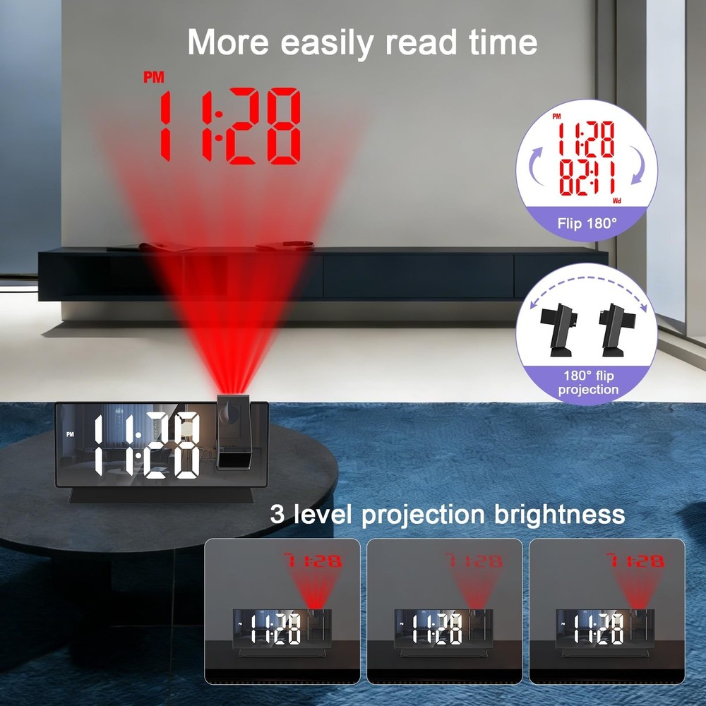 JXTZ Projection Alarm Clock, Large Screen Projector Clock for Bedroom Ceiling...