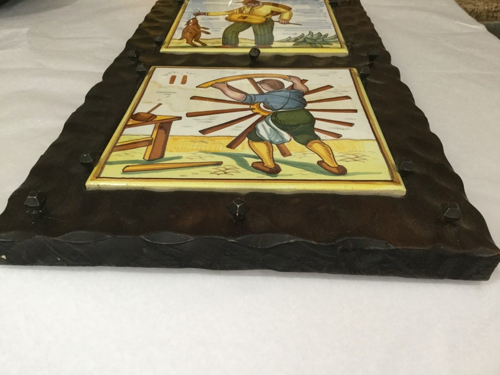 Vintage Spain Folk Art Tile Framed Hand Painted Rustic Frame