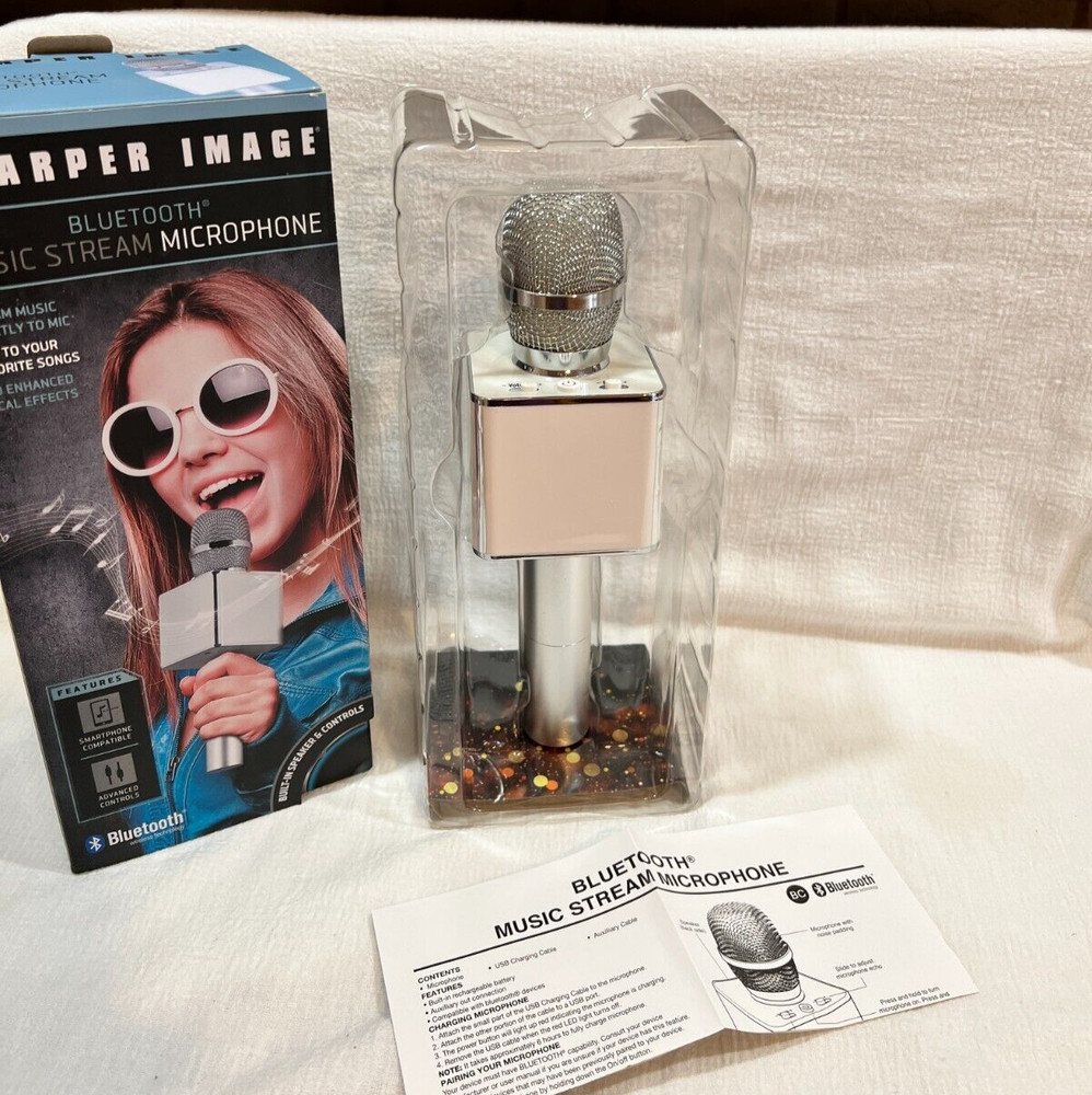 Sharper Image Bluetooth Music Stream Karaoke Microphone Mic Silver/ white