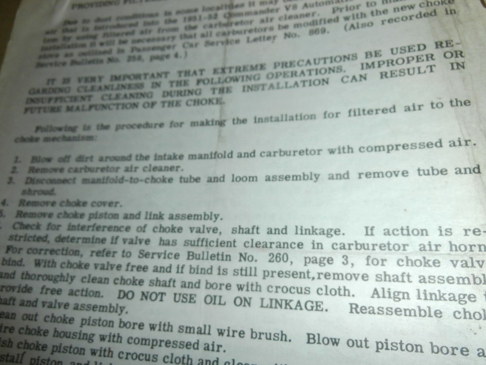 1951 1952 Studebaker Commander V8 Automatic Choke Filtered Air Instructions