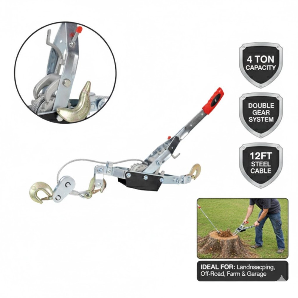 4T Hand Winch Puller Double Gear 3 Hooks 12FT Steel Cable Power Ratchet Puller