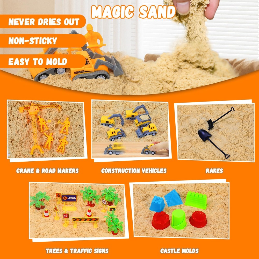 Construction Sensory Bin with Lid, 2.64lbs Magic Sand, Construction Trucks, T...