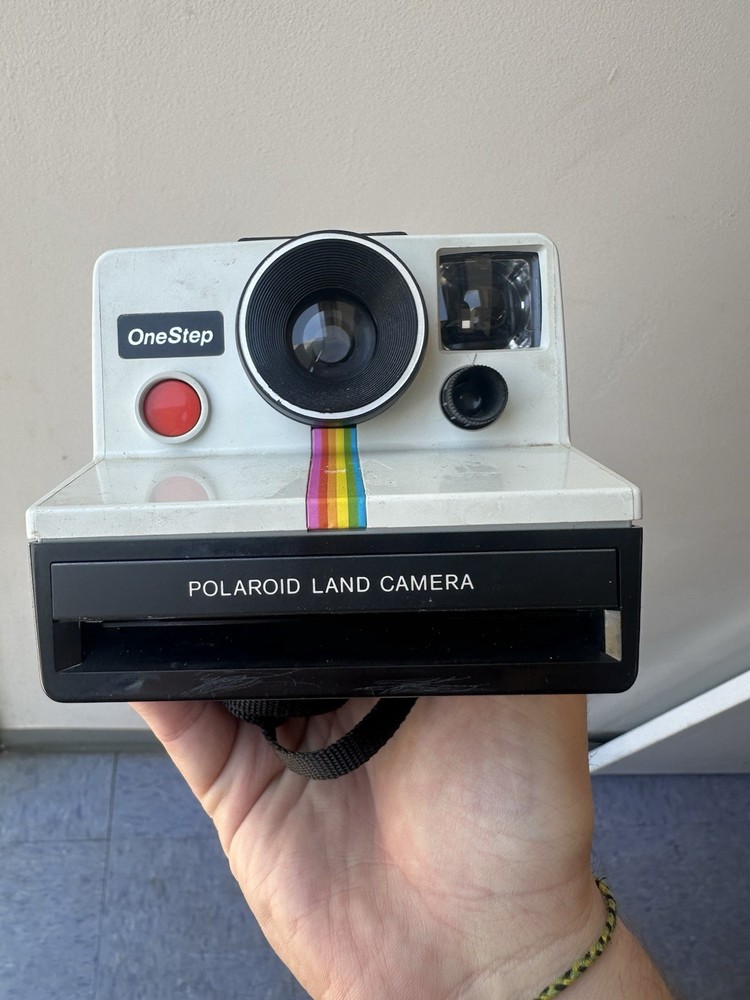 Polaroid One Step 600 White Instant Land Camera w/Strap, Rainbow Stripe Untested