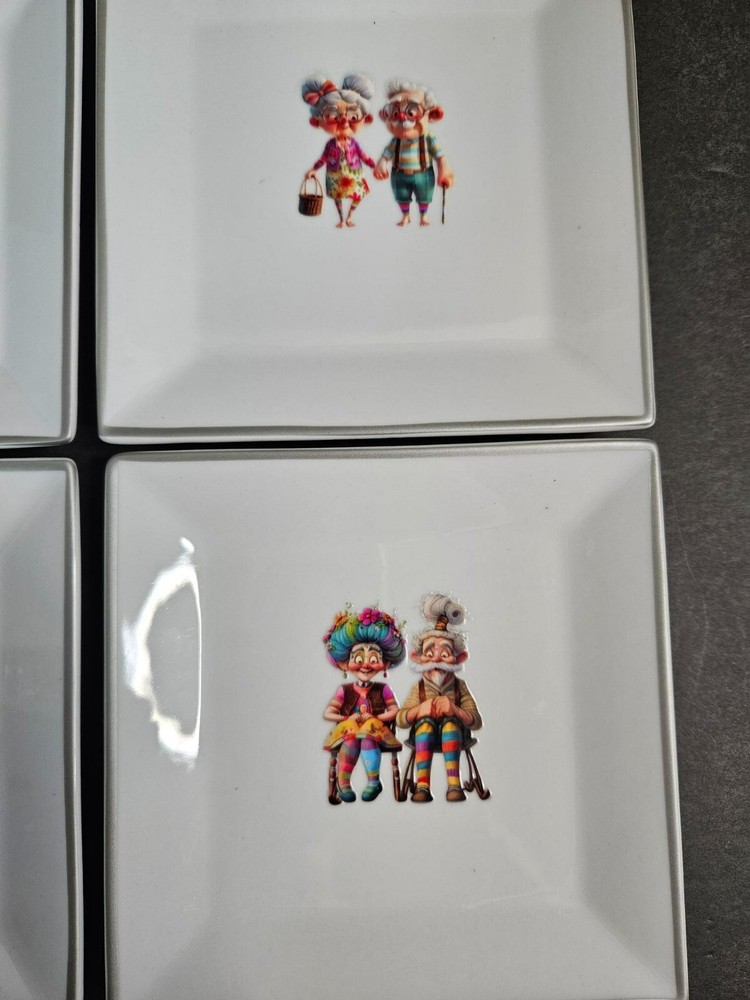 Platter & 4 Plates - Whimsical Fun Applied Images on White Ceramic