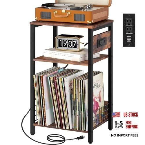 Record Player Stand, 3-Tier White Side Table with Charging Berry Brown
