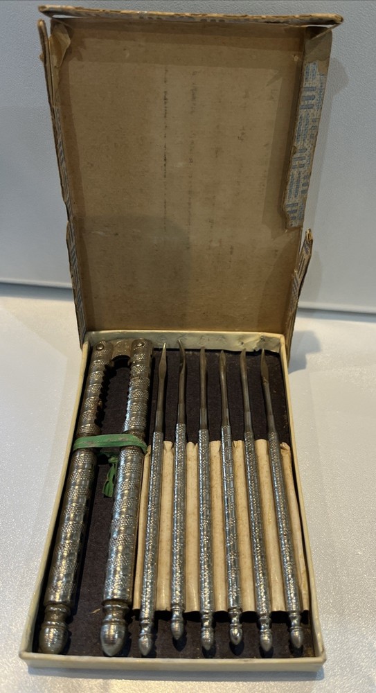 VTG HMQ Nutcracker Set In Original Box, Silver Tone, 6 Picks + Nutcracker