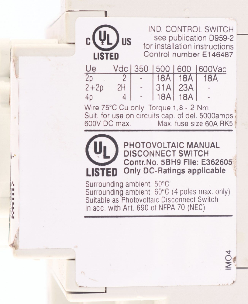 IMO Rotary Isolation Switch SI18-BMDC64R-2H+X/95K