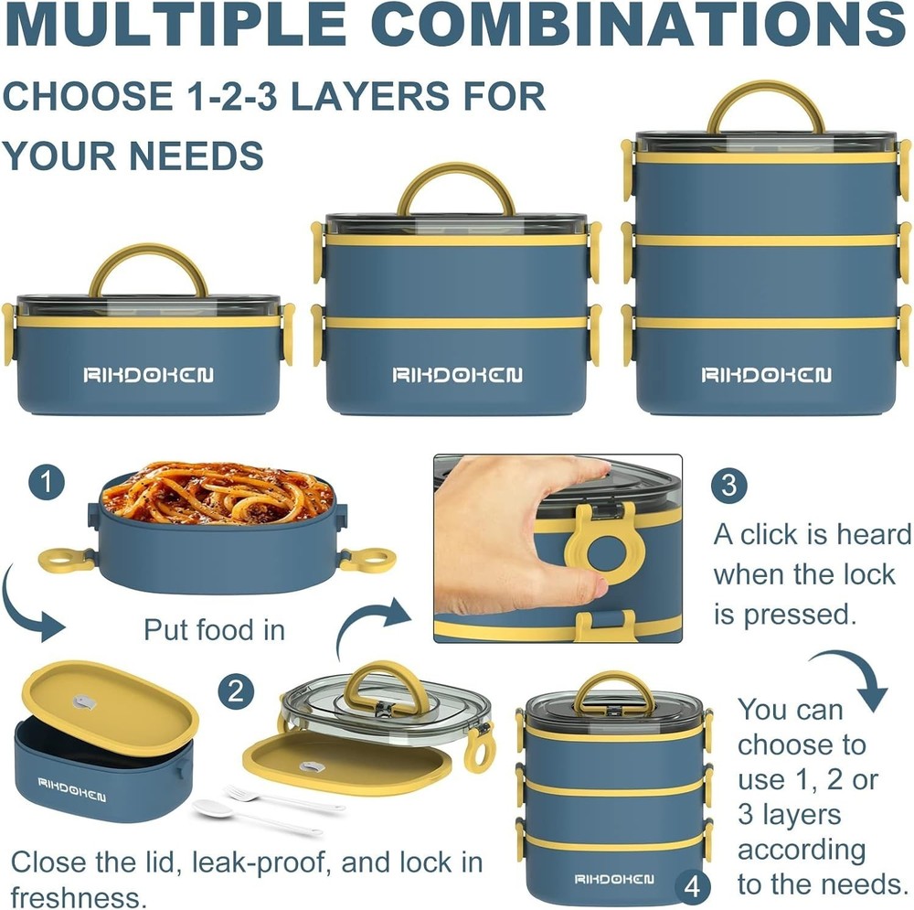 Lunch Box Stackable 3 Layers Containers Portable 94OZ Large Capacity Leakproof