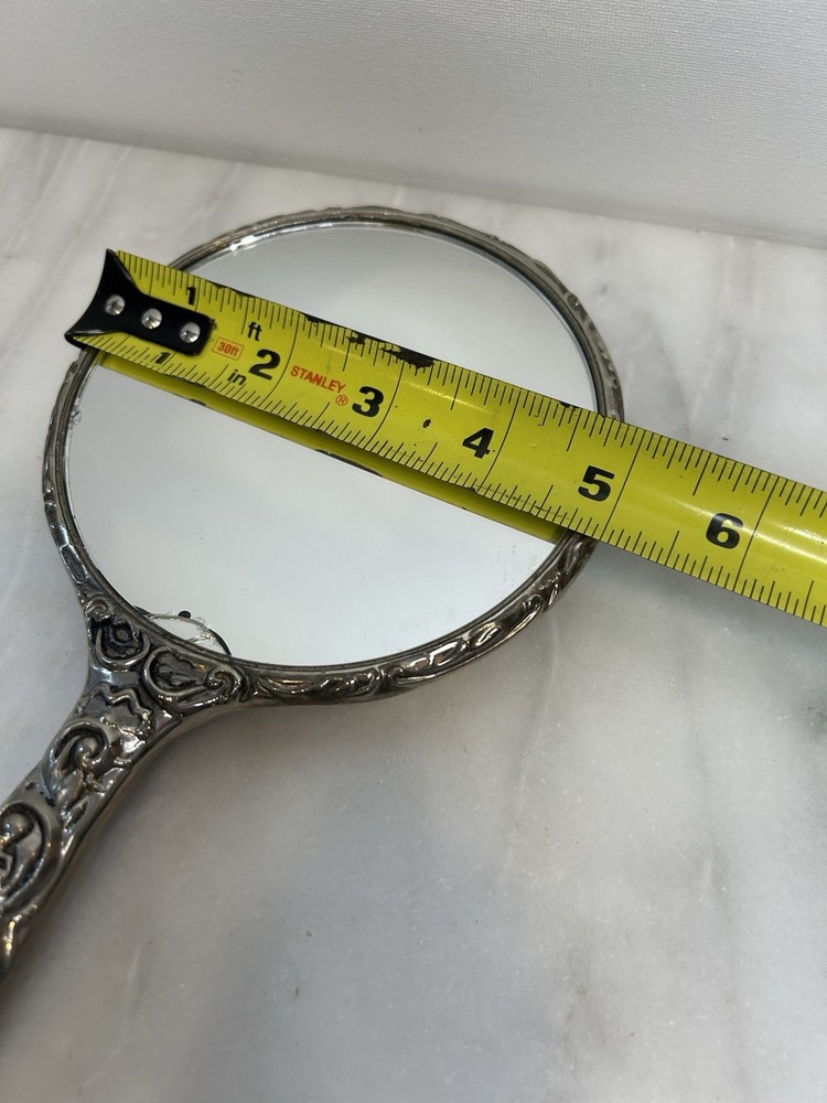 Antique Art Nouveau Handheld Repousse Silver Plated Mirror