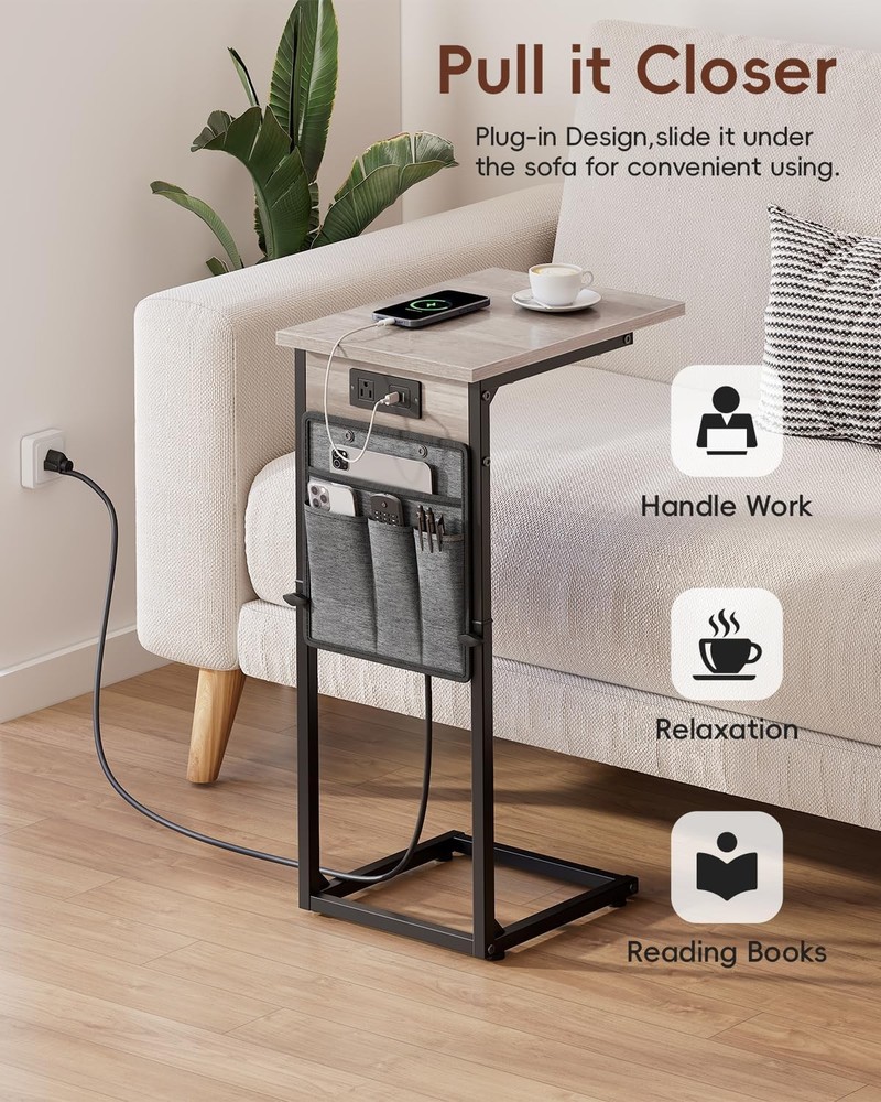 C Shaped End Table W/ Charging Station Adjustable Height Side Table Couch