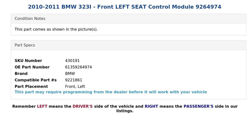 2010-2011 BMW 323I - Front LEFT SEAT Control Module 9264974