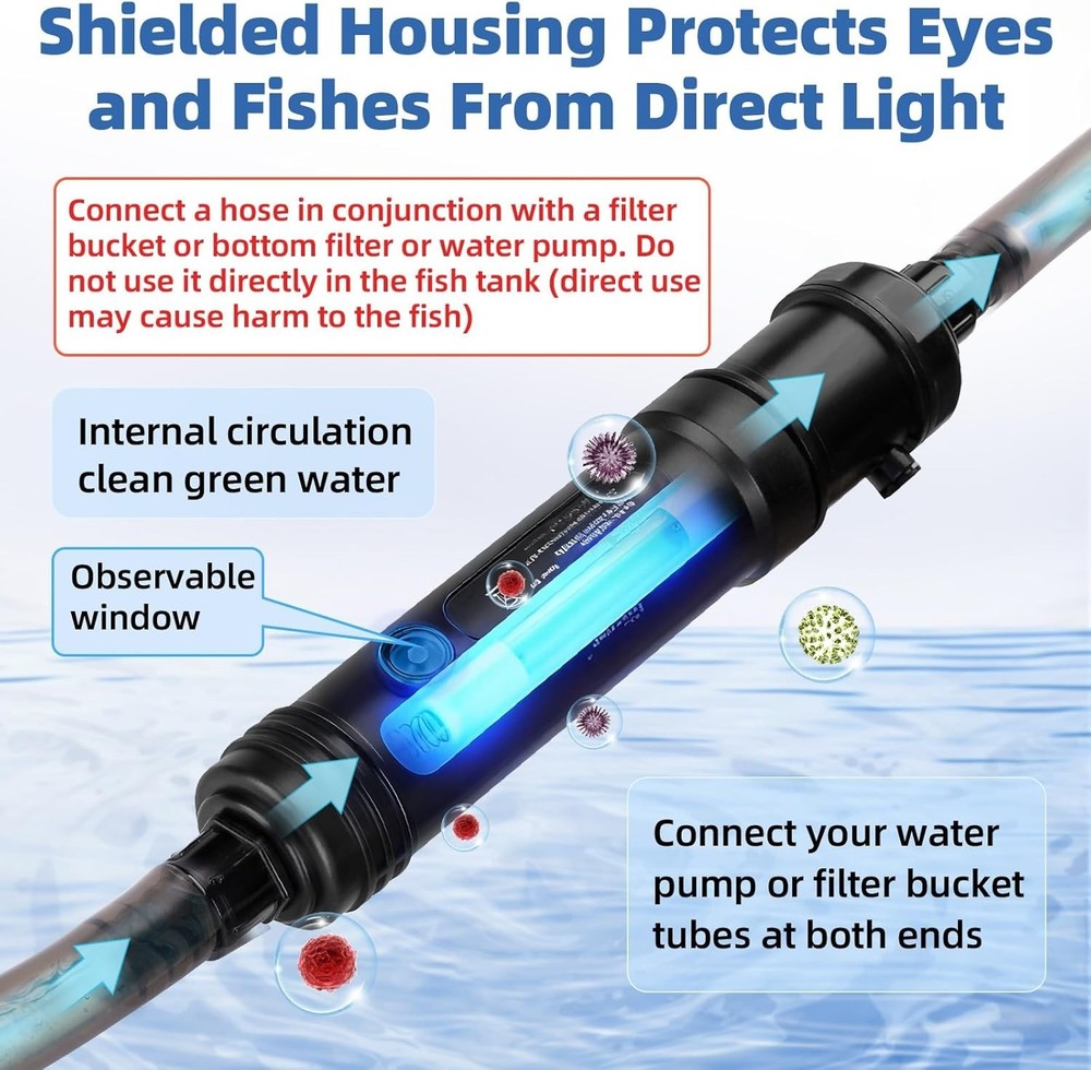 Compact U-V Light for Freshwater & Saltwater Aquariums - 7W with Timer & Shield