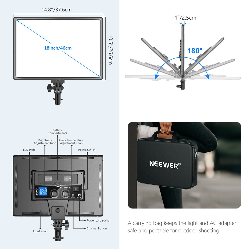 Neewer 288 Dimmable Large LED Video Light Panel 45W with 2.4G Remote Control
