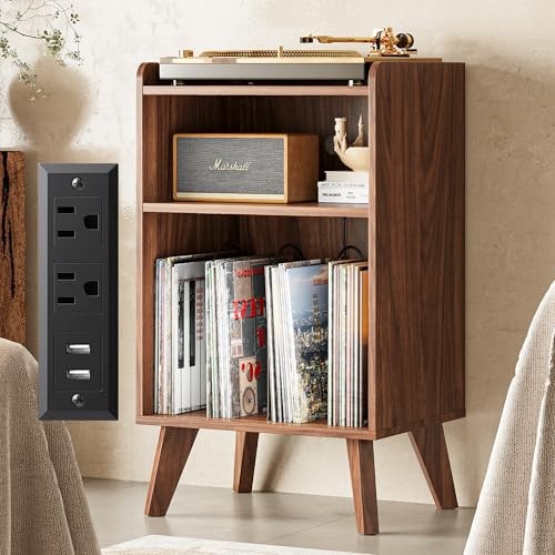 Record Player Stand, Turntable Stand with Record Storage and Charging Walnut
