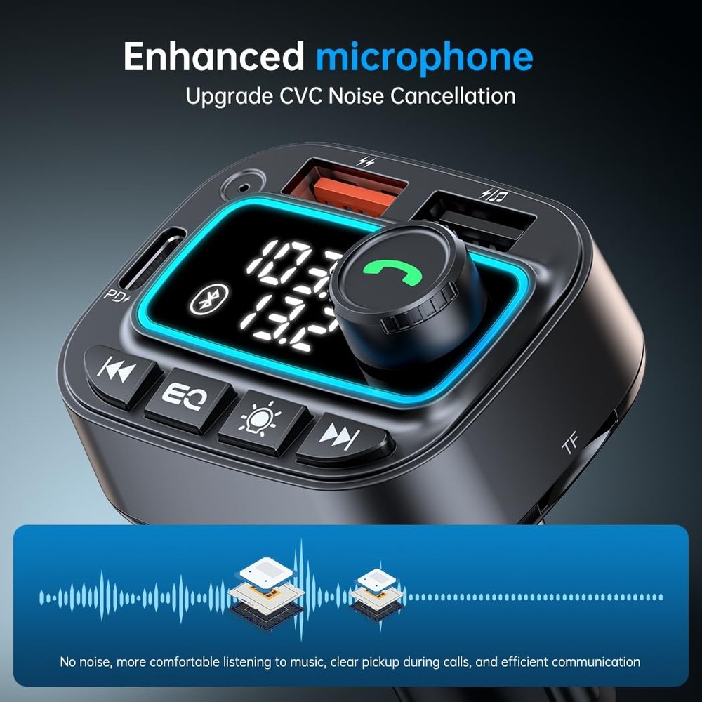 Bluetooth 5.3 Car Adapter FM Transmitter, 42W (PD30W & 12W) USB Small, Black