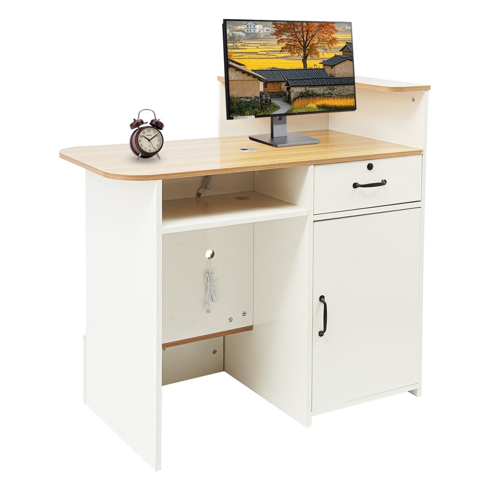 Reception Desk with LED Lights 39” Office Front Counter with Storage Cabinet