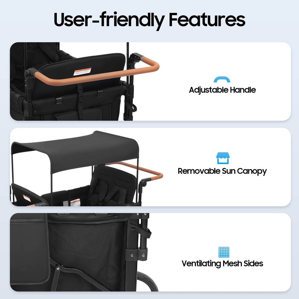 4 Seater Stroller Wagon Quad Stroller Wagon 4 Kids w/Adjustable Handle & Canopy