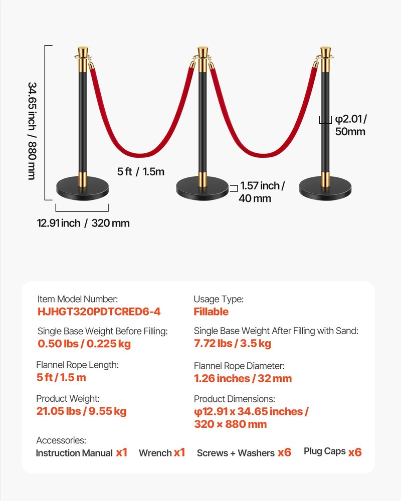 VEVOR 6Pcs Stanchion Posts Queue Barrier Crowd Control Sand Injection Base