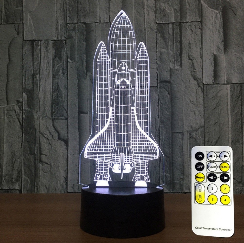 3D Space Rocket Night Light 7-Color Changing LED Table Lamp W/ Remote Control G