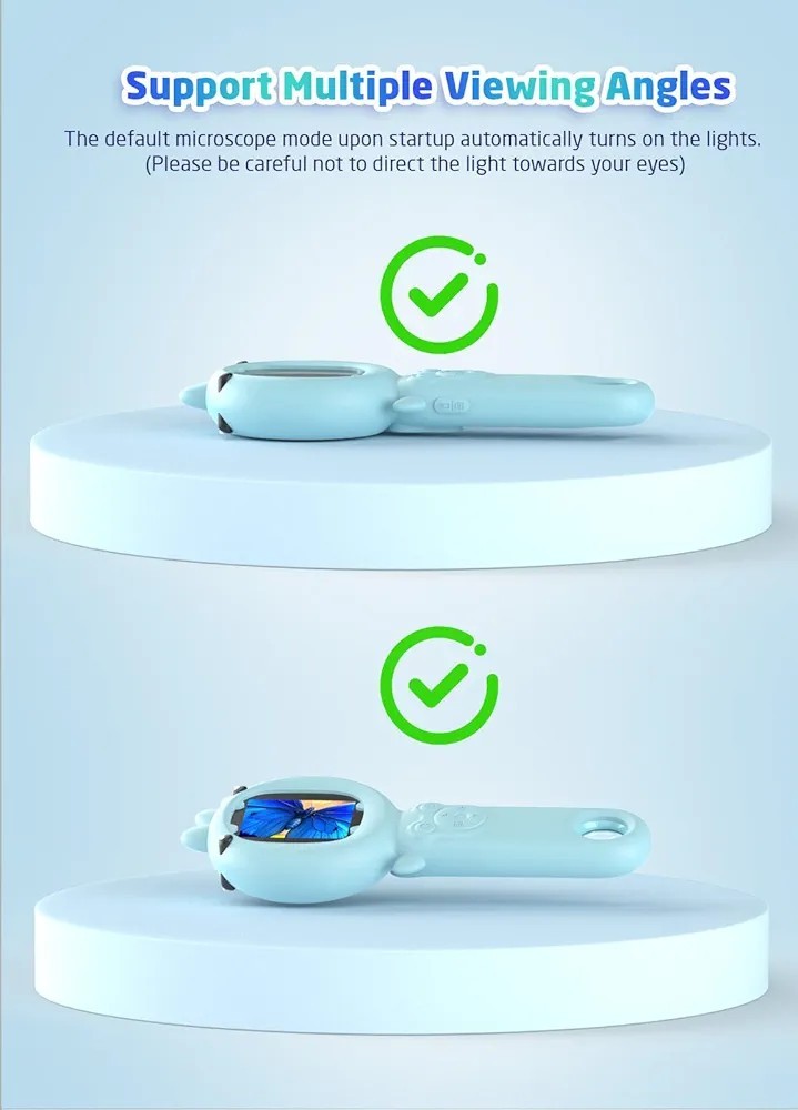 2-in-1 Microscope Camera for Kids, Mini Handheld Blue Dinosaur