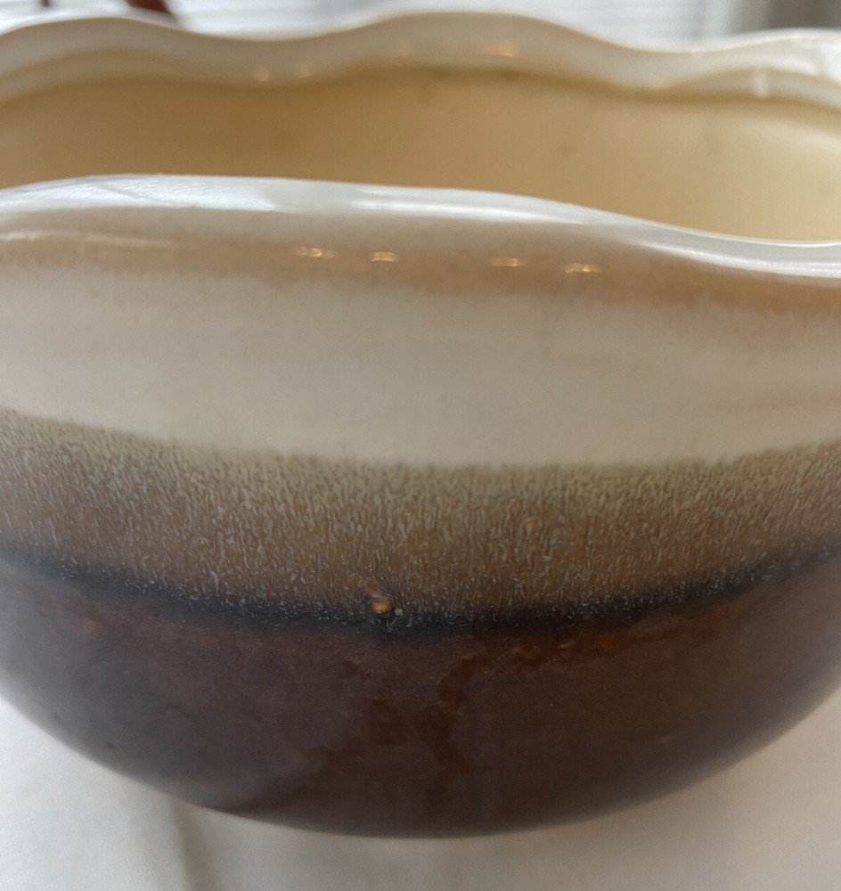 Rolling Edge Stoneware Planter Dish Bowl Brown MCM 7.5”