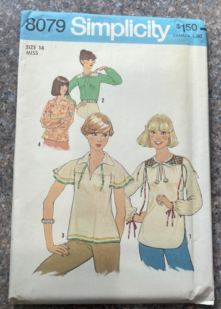 Simplicity 8079 Sewing Pattern Pullover 70's Top Boho Blouses Misses Size 14 NEW