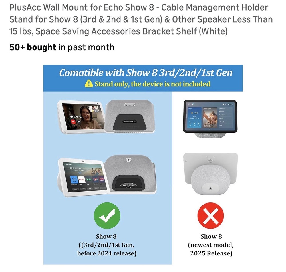 Wall Mount for Echo Show 8 Cable Management White