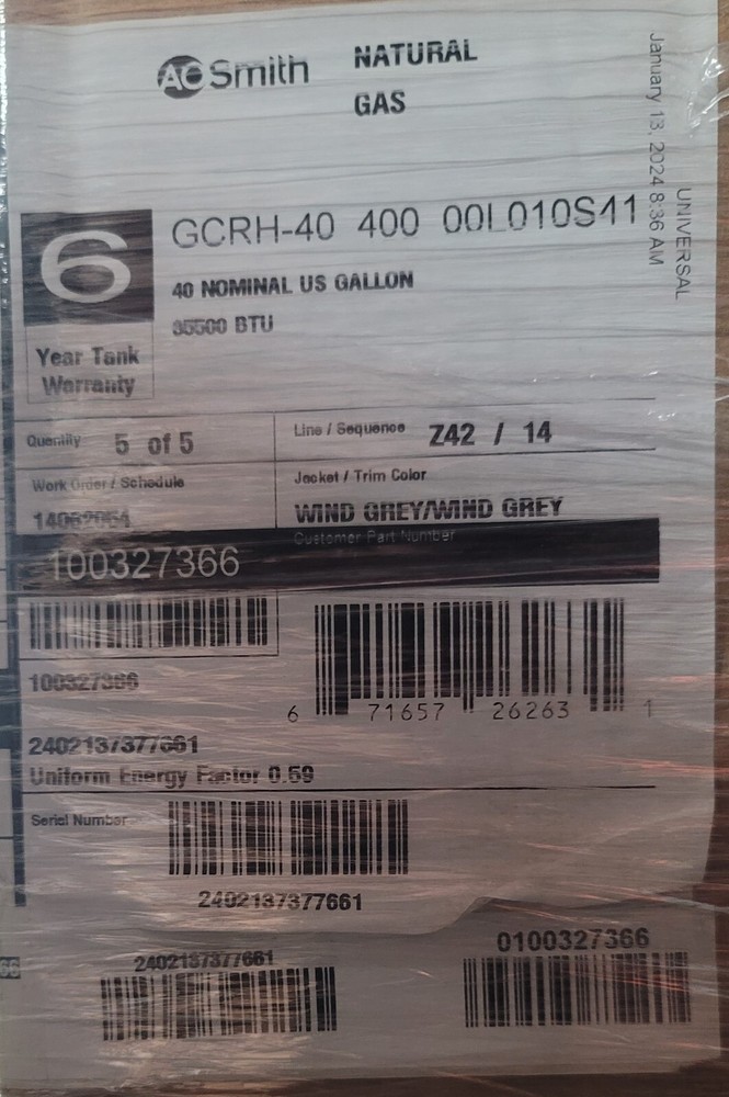 AO Smith GCRH-40 400/401 Series Gas Water Heater, 40 gal, 35500 Btu/hr, NG