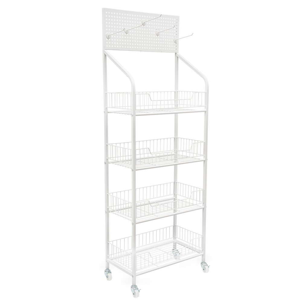 4-Tier White Metal Display Rack with Hooks for Snacks and Essentials