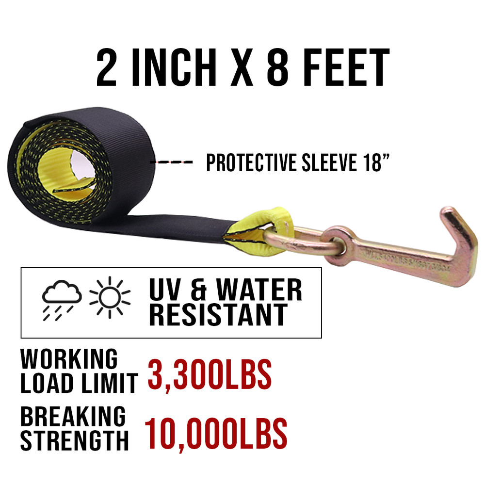 BXR (4) Mini J Hook Strap - 2" x 8' Towing Strap with Strap Protector