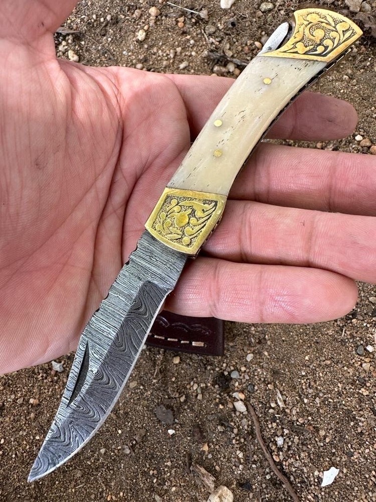 Custom Handmade Damascus Steel Folding Blade Pocket Knife camel bone Handle
