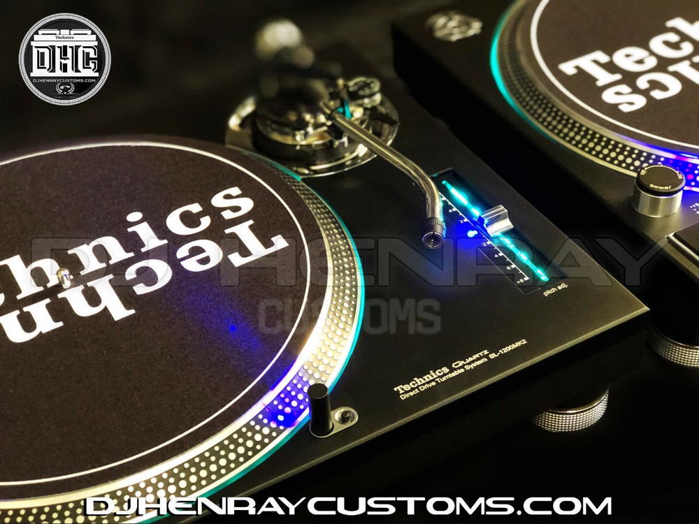 2 custom Matte black & chrome Technics SL 1200 mk2's blue leds laser etch logos