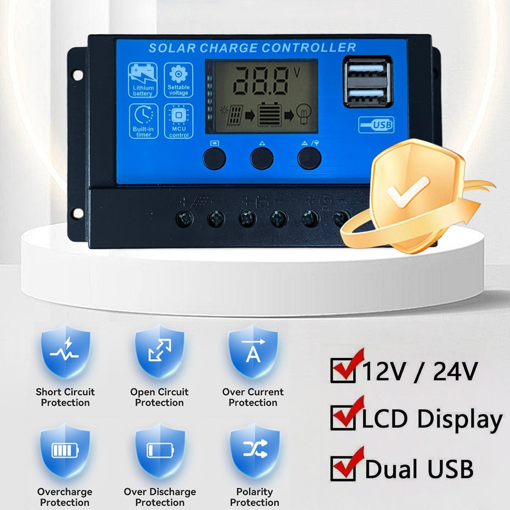 30A Solar Panel Battery Charge Controller 12V/24V LCD Regulator Auto Dual USB US