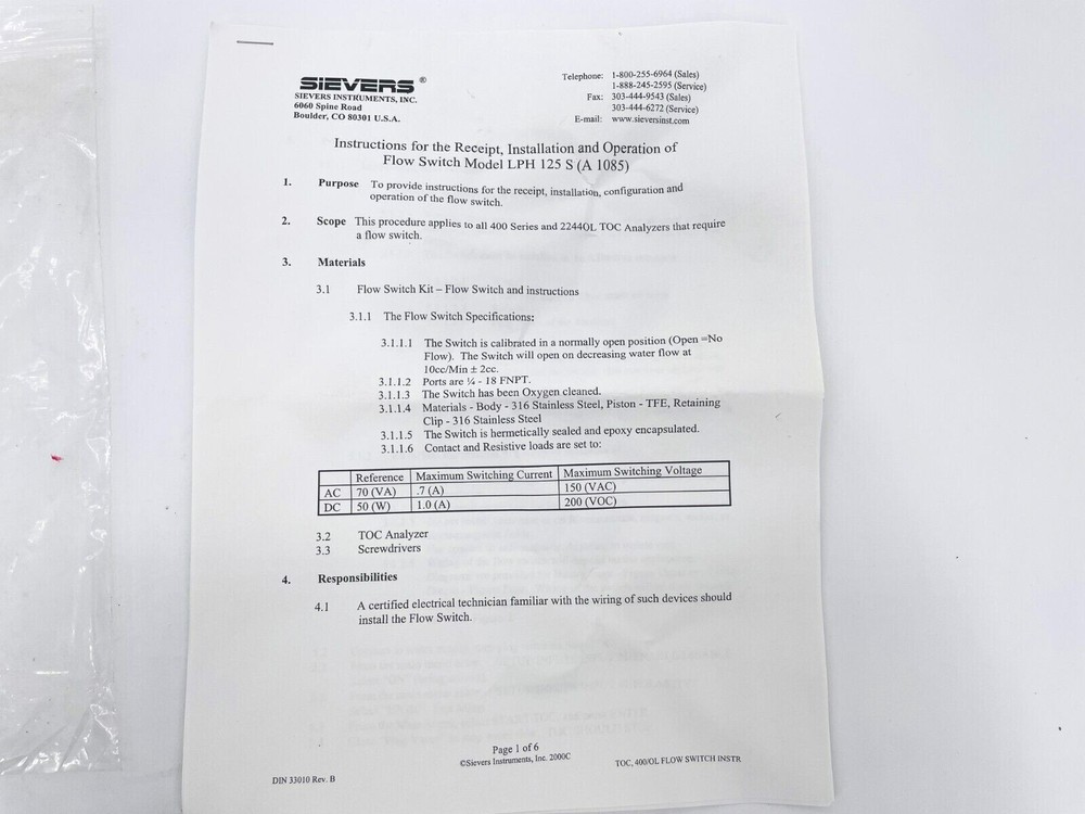 New CTE LPH-125-S (A1085) Flow Switch TOC 400/OL Kit