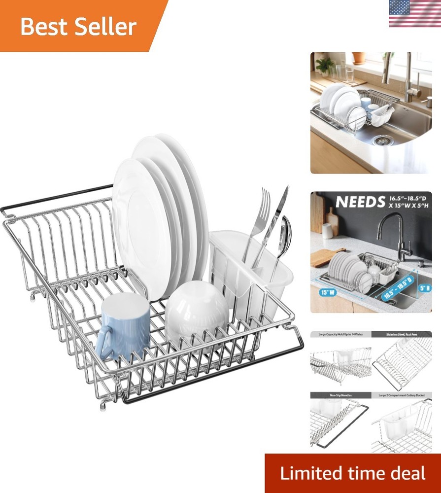 Chic Chrome Dish Drying Rack with 2-Compartment Utensil Holder - Large Capacity