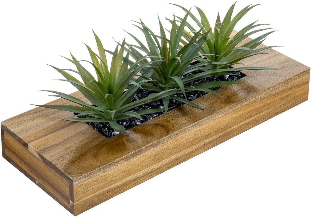 Brown Wood Decorative Planter, Tabletop Faux Greenery Decor with Container