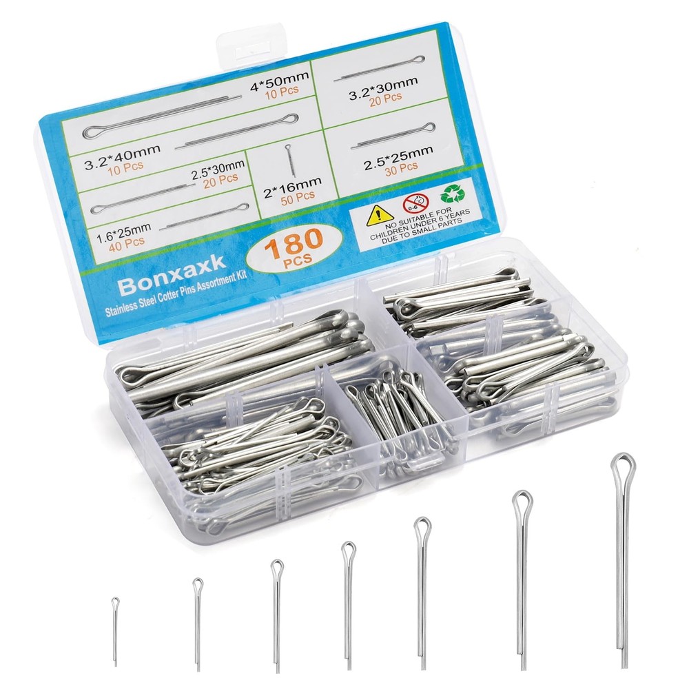 180 Pcs Cotter Pins Assortment Kit, 7 180PCS-Seven different sizes, Silver