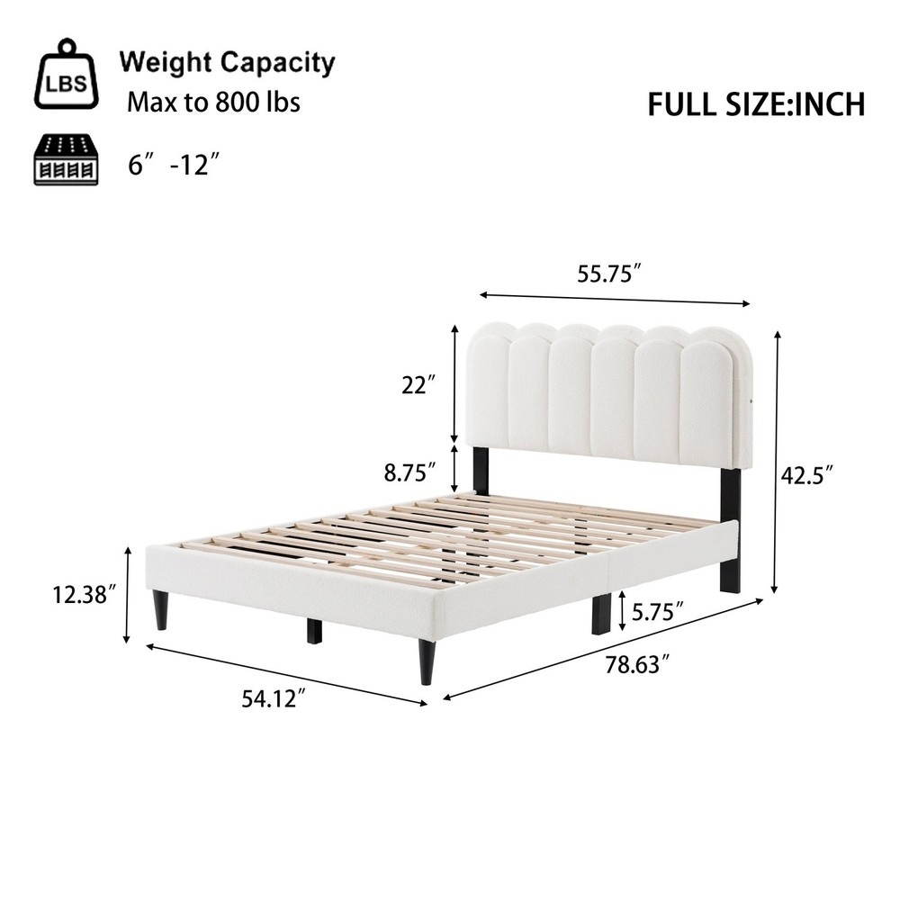 Full/Queen Size Platform Bed Frame with Upholstered Headboard & LED Light White