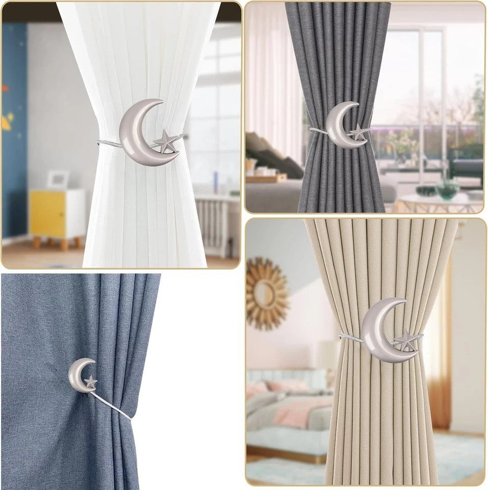 Curtain Tiebacks, 2 Pack Magnetic Tiebacks Star Moon 2 Pack, Silver