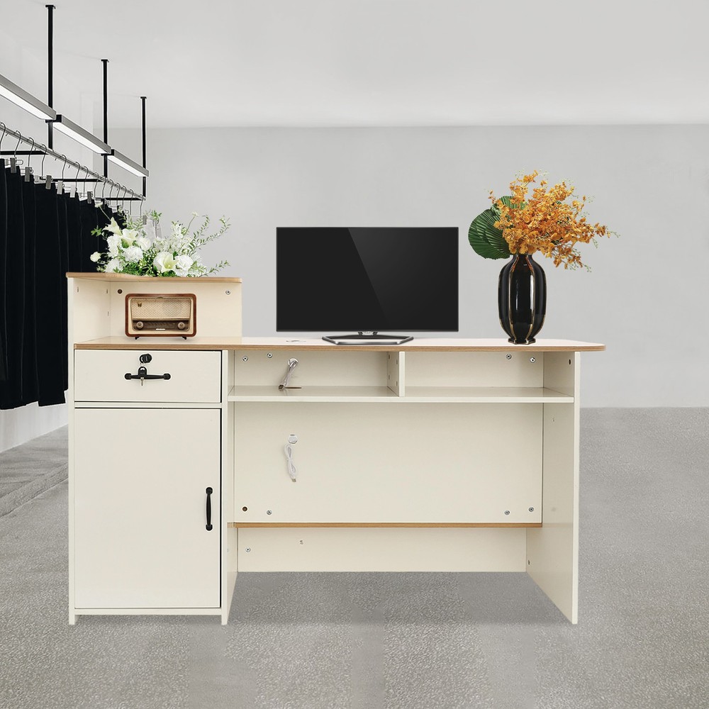 Modern Reception Desk Rectangle Reception Table w/ Lockable Drawer Free Standing