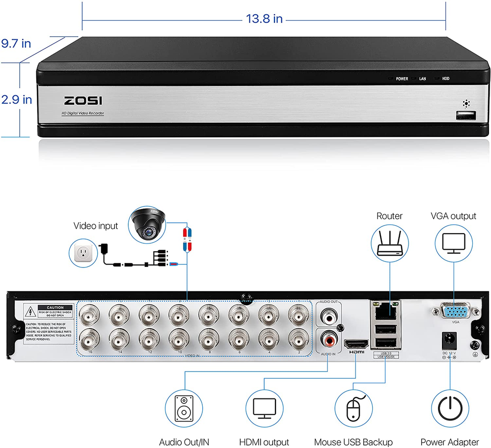 ZOSI H.265+16CH 2MP Surveillance DVR Security Camera System Motion Detection