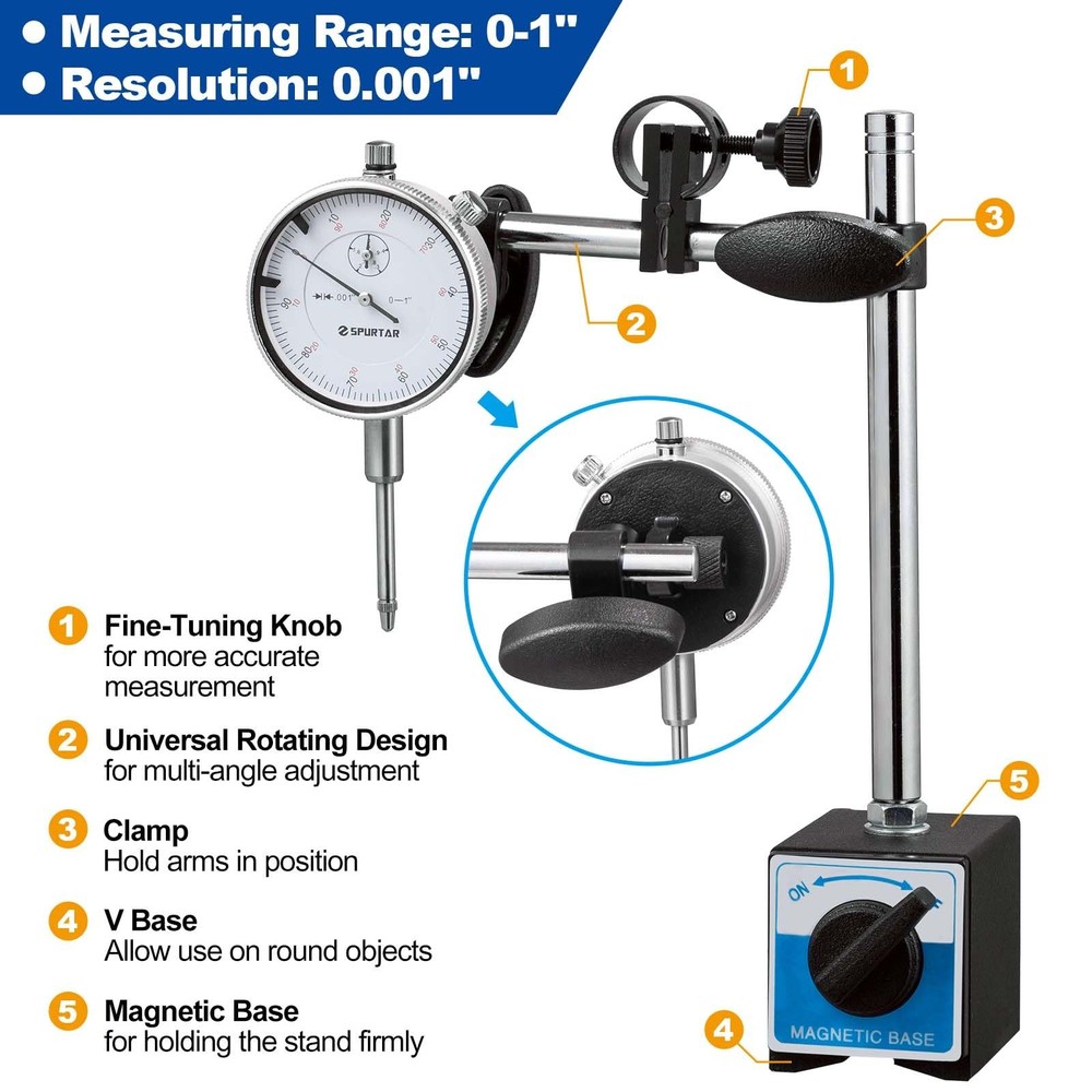 Spurtar Dial Indicator with Magnetic Base 0-1'' Test 0.001''...