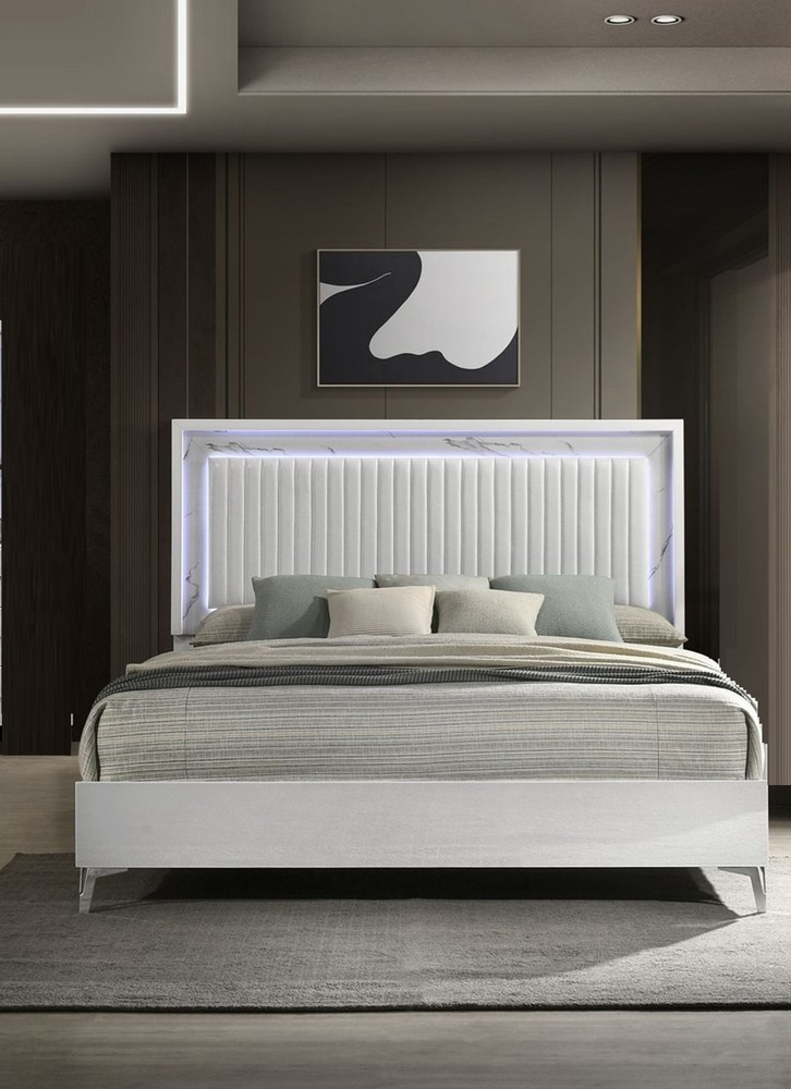 Modern 5pc LED Light Upholstered Headboard King Bed Bedroom Set White